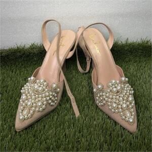 Lulus Pearl Embellished Slingback Stiletto Heels Beige Pointed Toe Ankle Strap 8